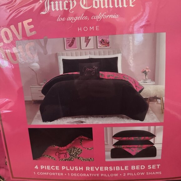 Juicy Couture Reversible Queen Comforter Set Plush Black/Hot Pink Cheetah Bow - Picture 2 of 8